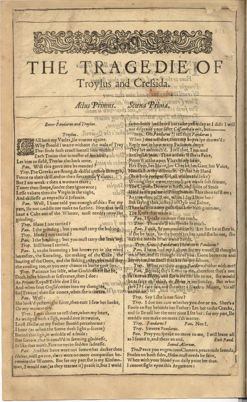 First Folio with Troilus and Cressida title page following Romeo and Juliet